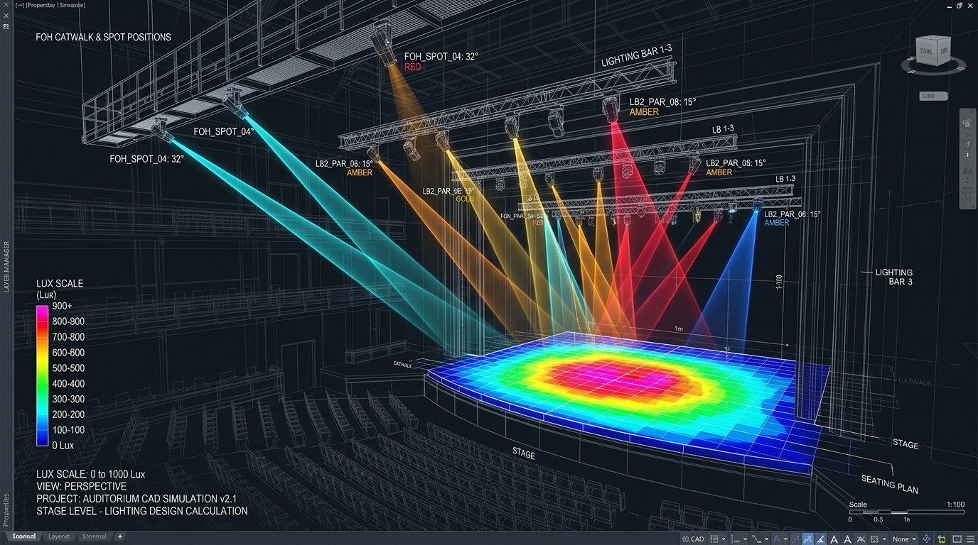 Auditorium Stage Lighting 3D CAD Photometric Lux Simulation